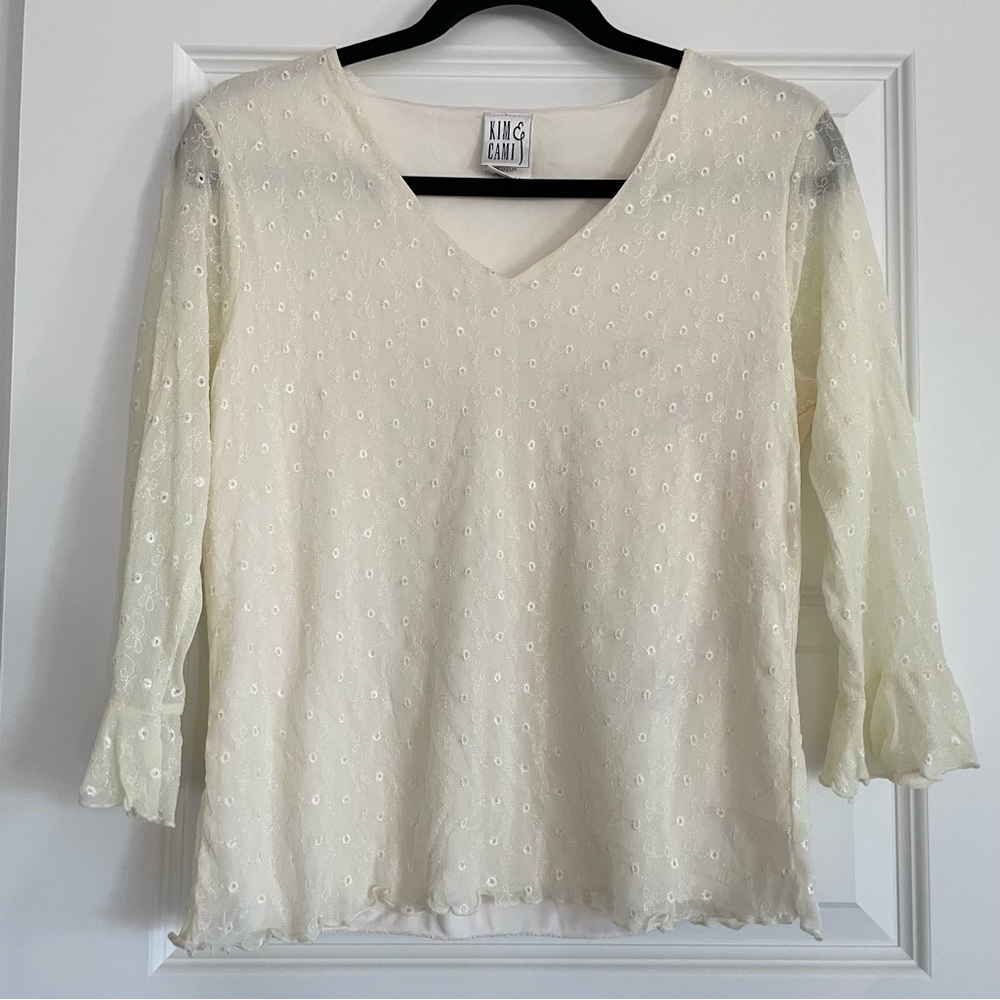 Vintage Y2K Kim and Cami Butter Yellow Stretch Lace Top 3/4 sleeves Medium